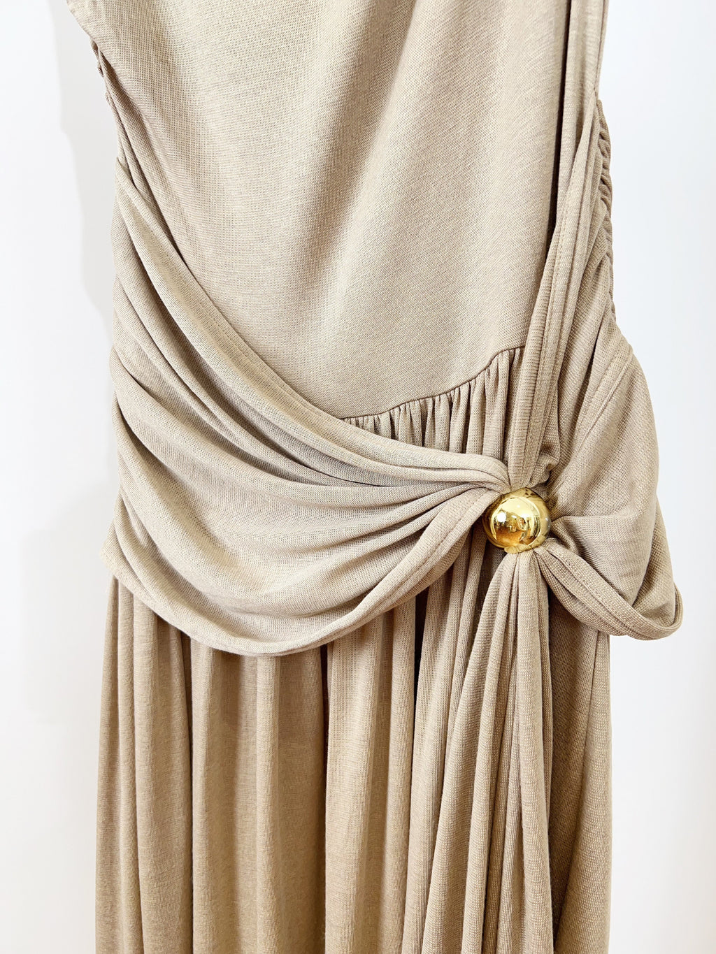 Vintage One Shoulder Gold Beaded Satin Maxi Dress