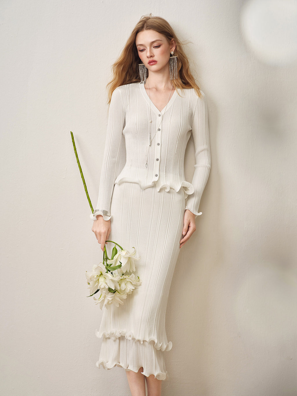 Cream White Ribbed Knit Ruffle Hem Skirt Co-Ord