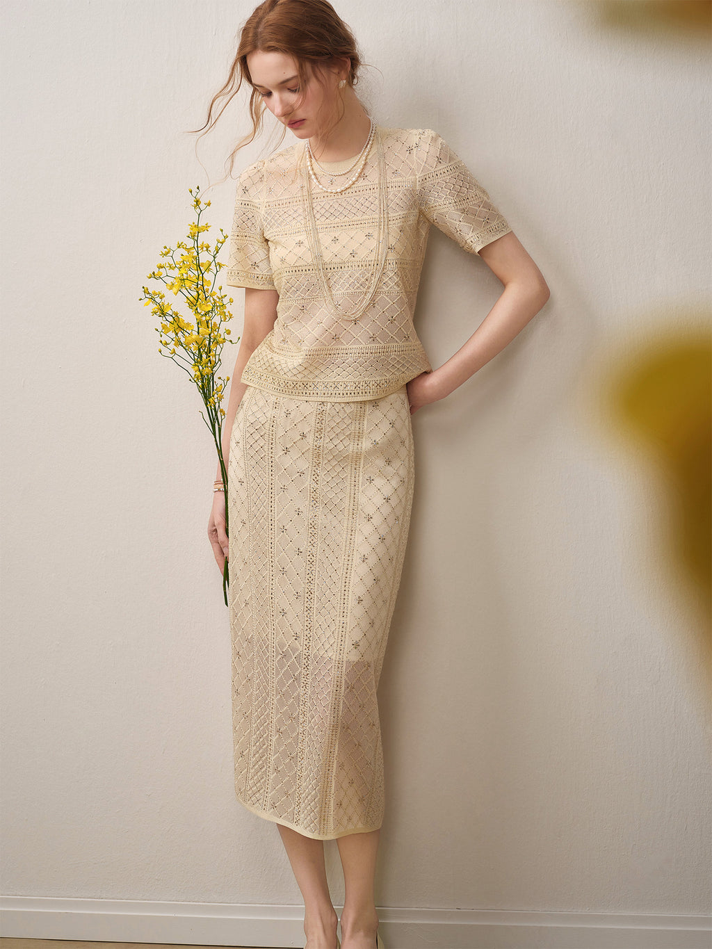 Beige Diamond Crochet Knit Co-Ord