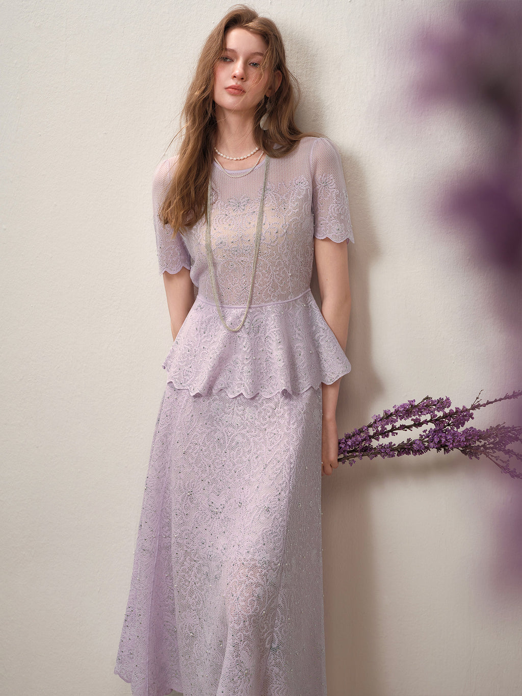 Lavernder Haze Iridescrnt Lace Peplum Mermaid Co-Ord