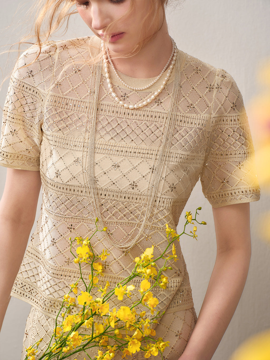 Beige Diamond Crochet Knit Co-Ord