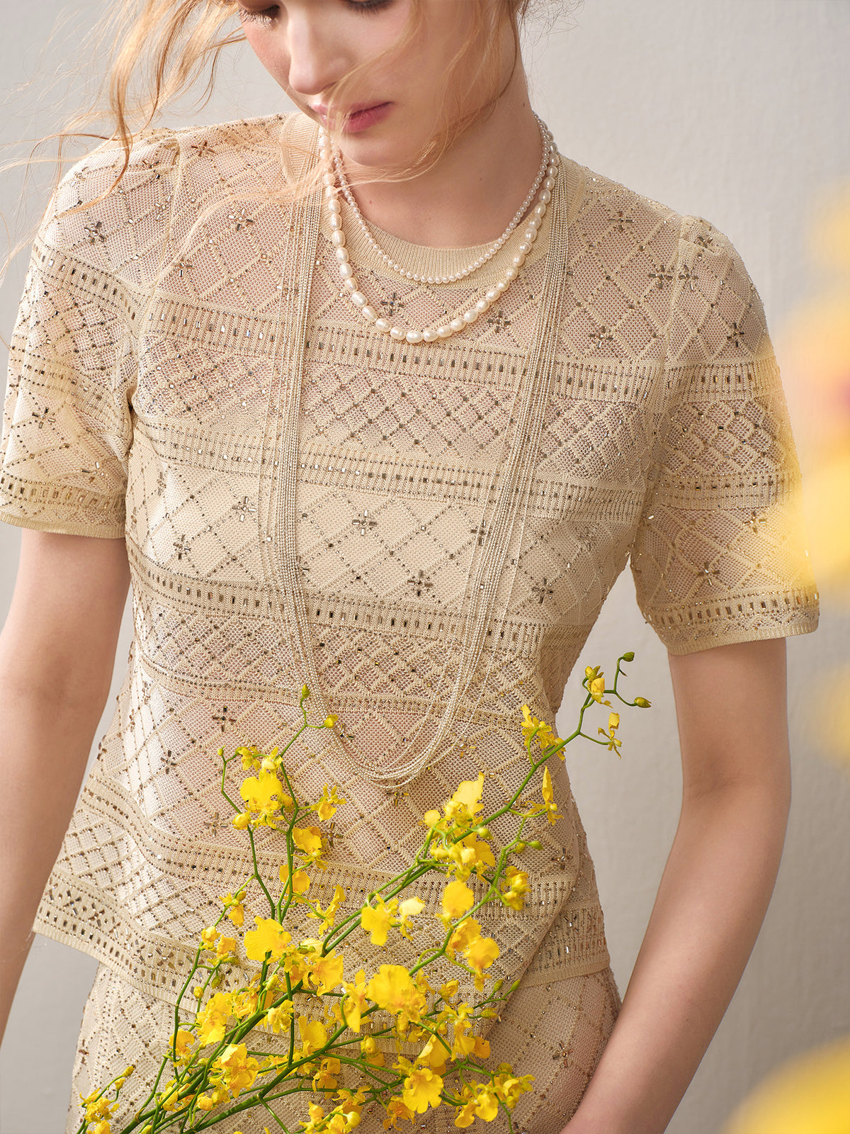 Beige Diamond Crochet Knit Co-Ord
