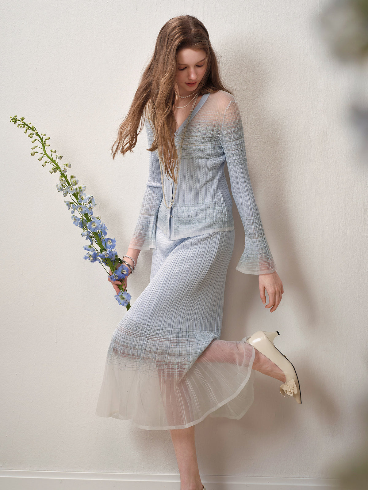 Delphinium Long-sleeve Button-Front Gradient Mesh Knit Mermaid Co-ord