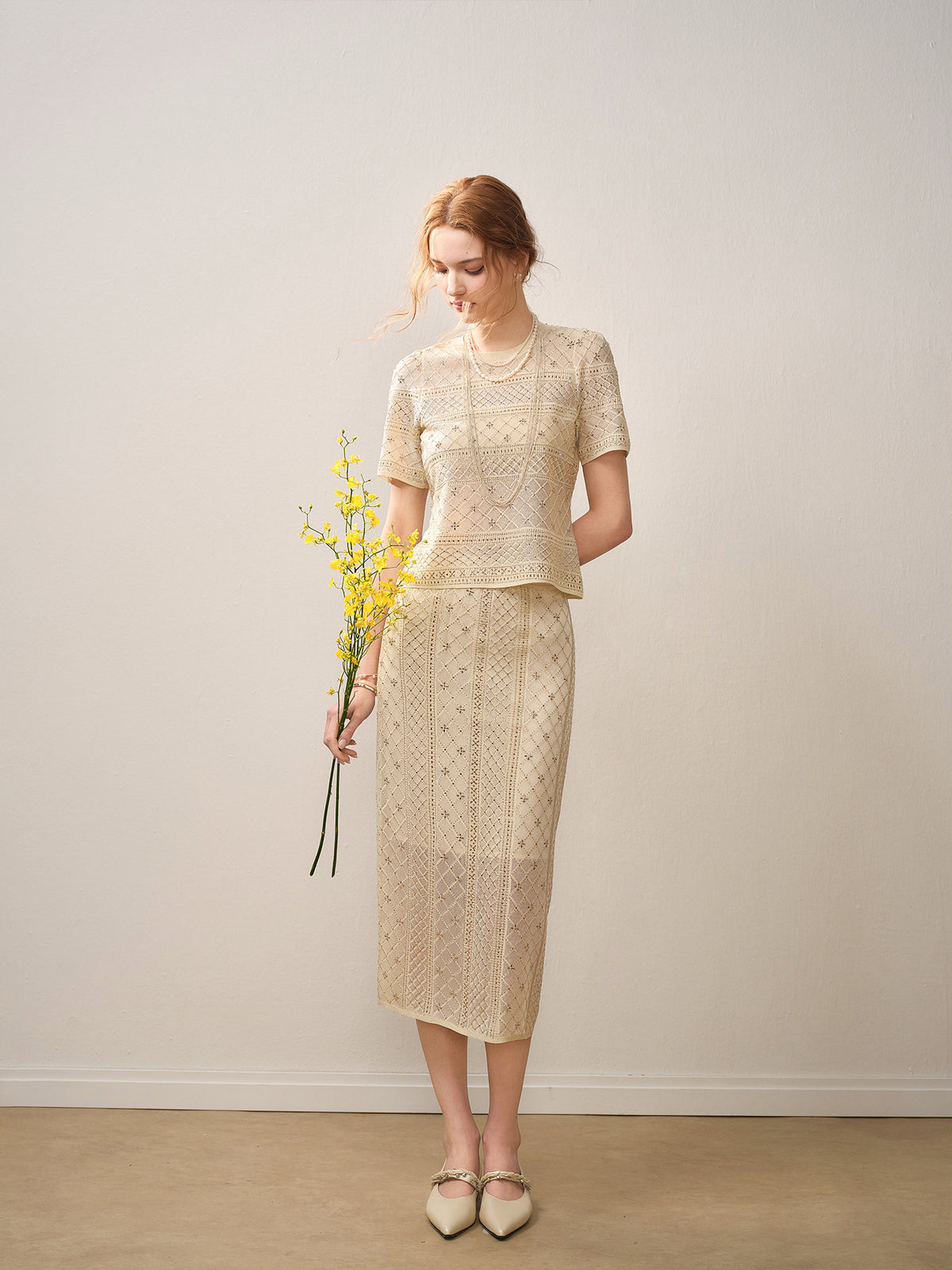 Beige Diamond Crochet Knit Co-Ord
