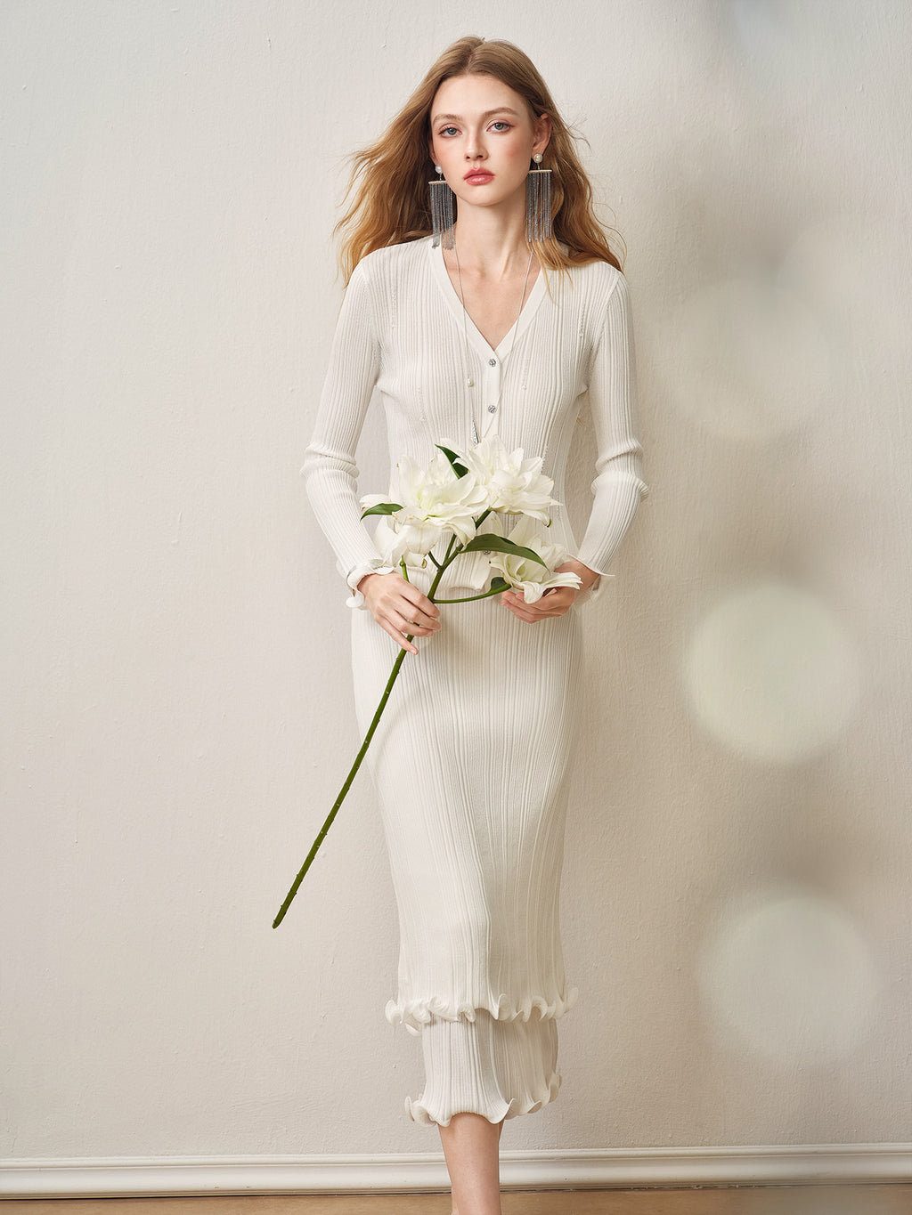 Cream White Ribbed Knit Ruffle Hem Skirt Co-Ord