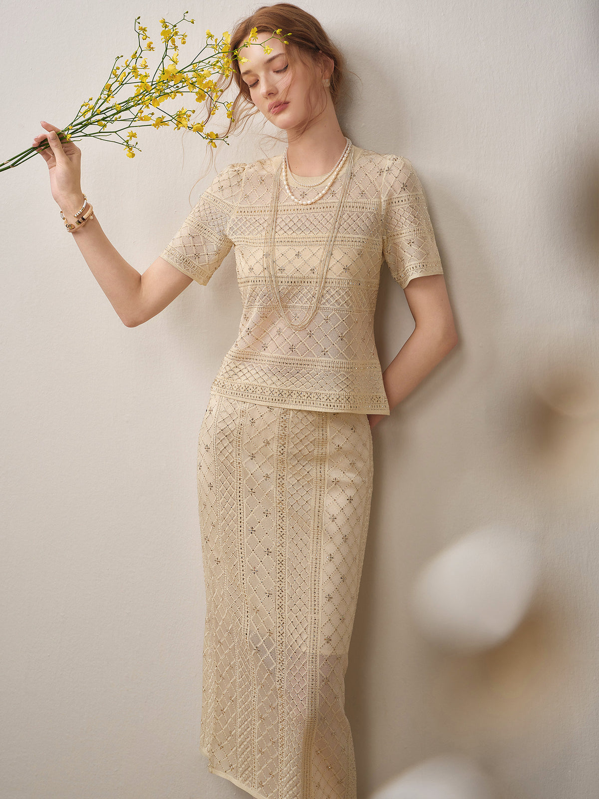 Beige Diamond Crochet Knit Co-Ord