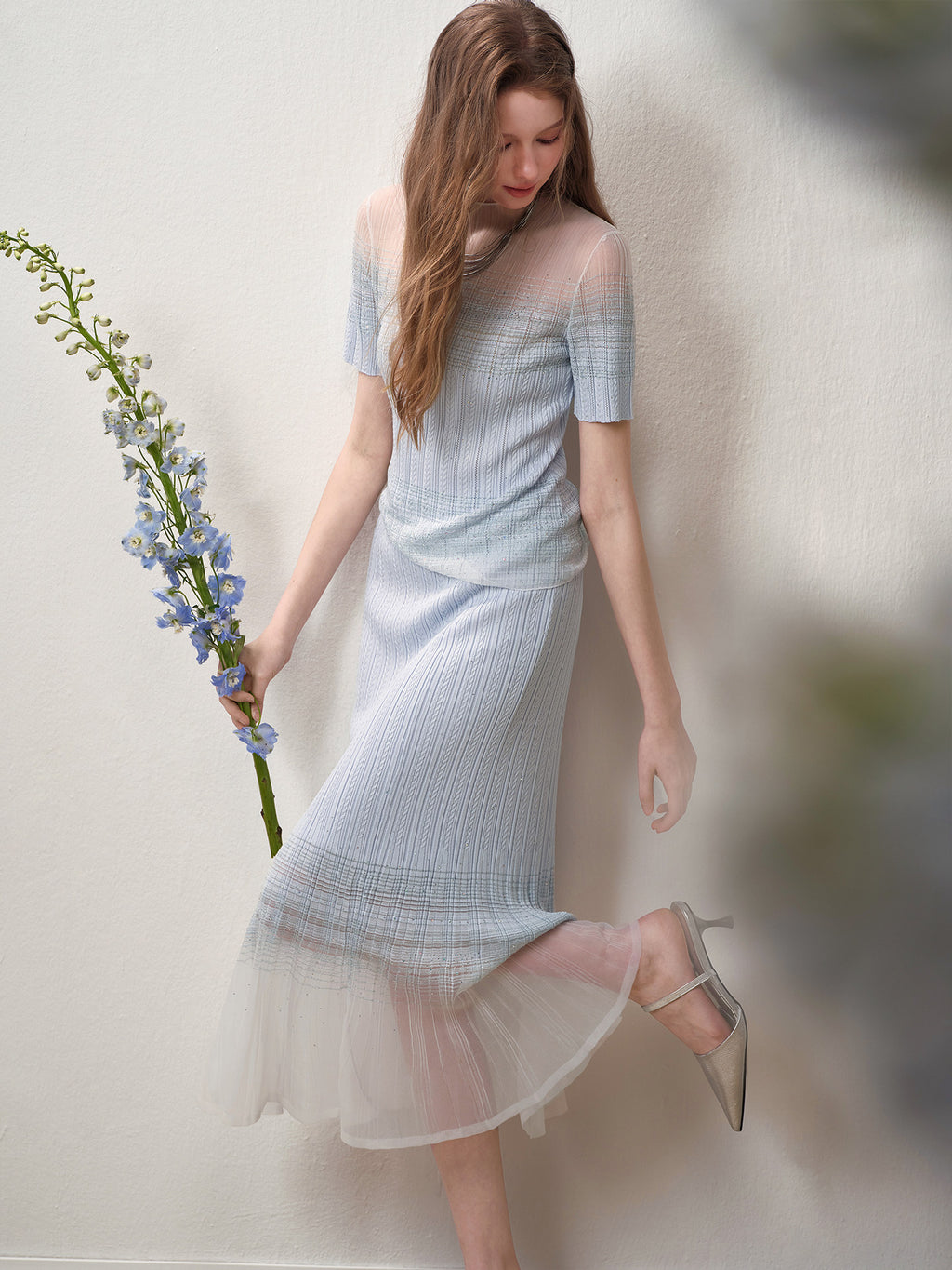 Delphinium Short-Sleeve Gradient Mesh Knit Mermaid Co-Ord