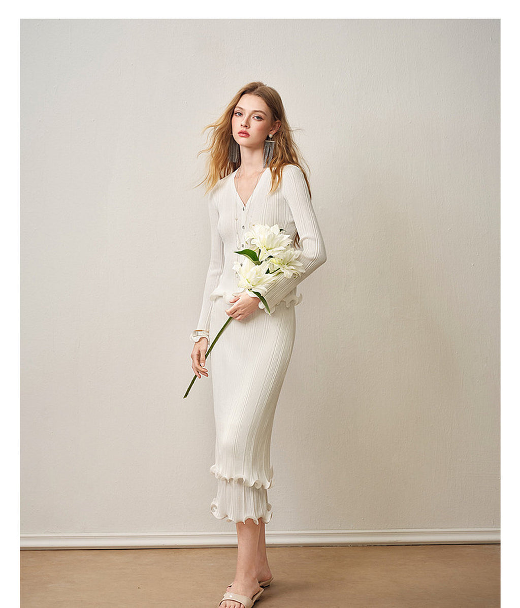 Cream White Ribbed Knit Ruffle Hem Skirt Co-Ord