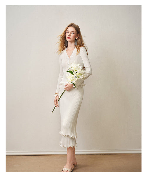 Cream White Ribbed Knit Ruffle Hem Skirt Co-Ord