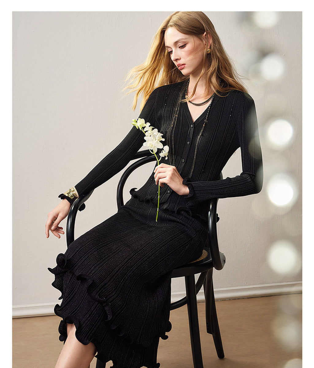 Black Ribbed Knit Ruffle Hem Skirt Co-Ord