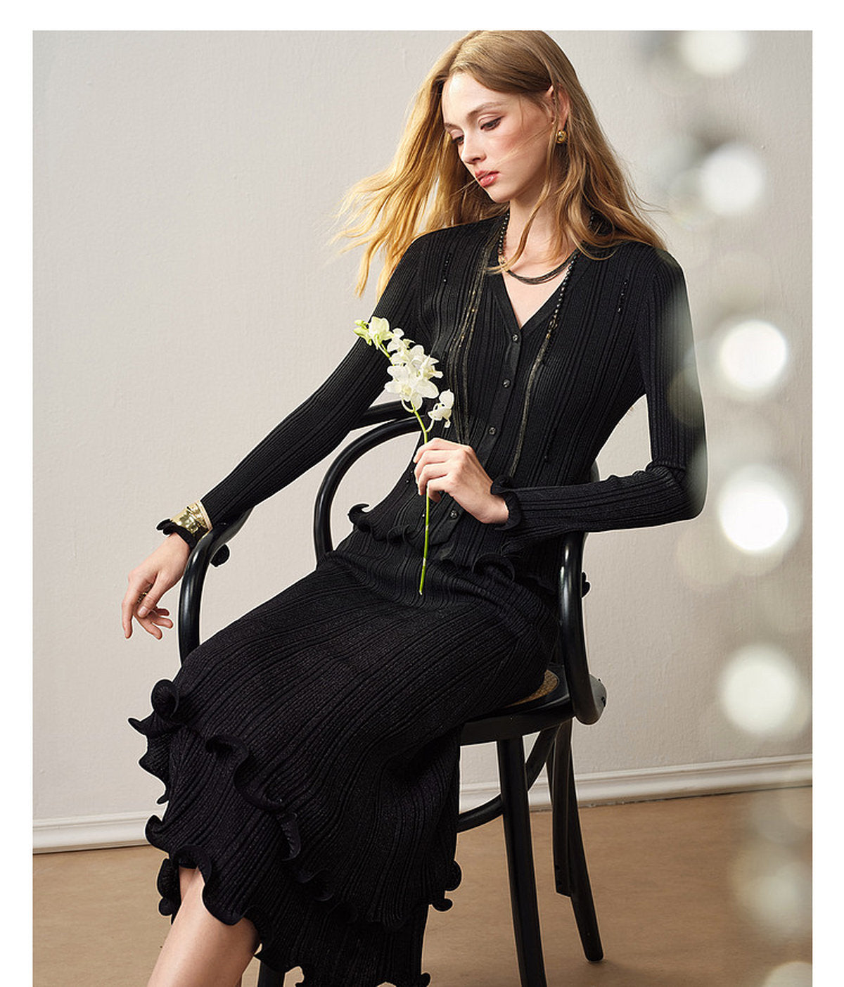 Black Ribbed Knit Ruffle Hem Skirt Co-Ord