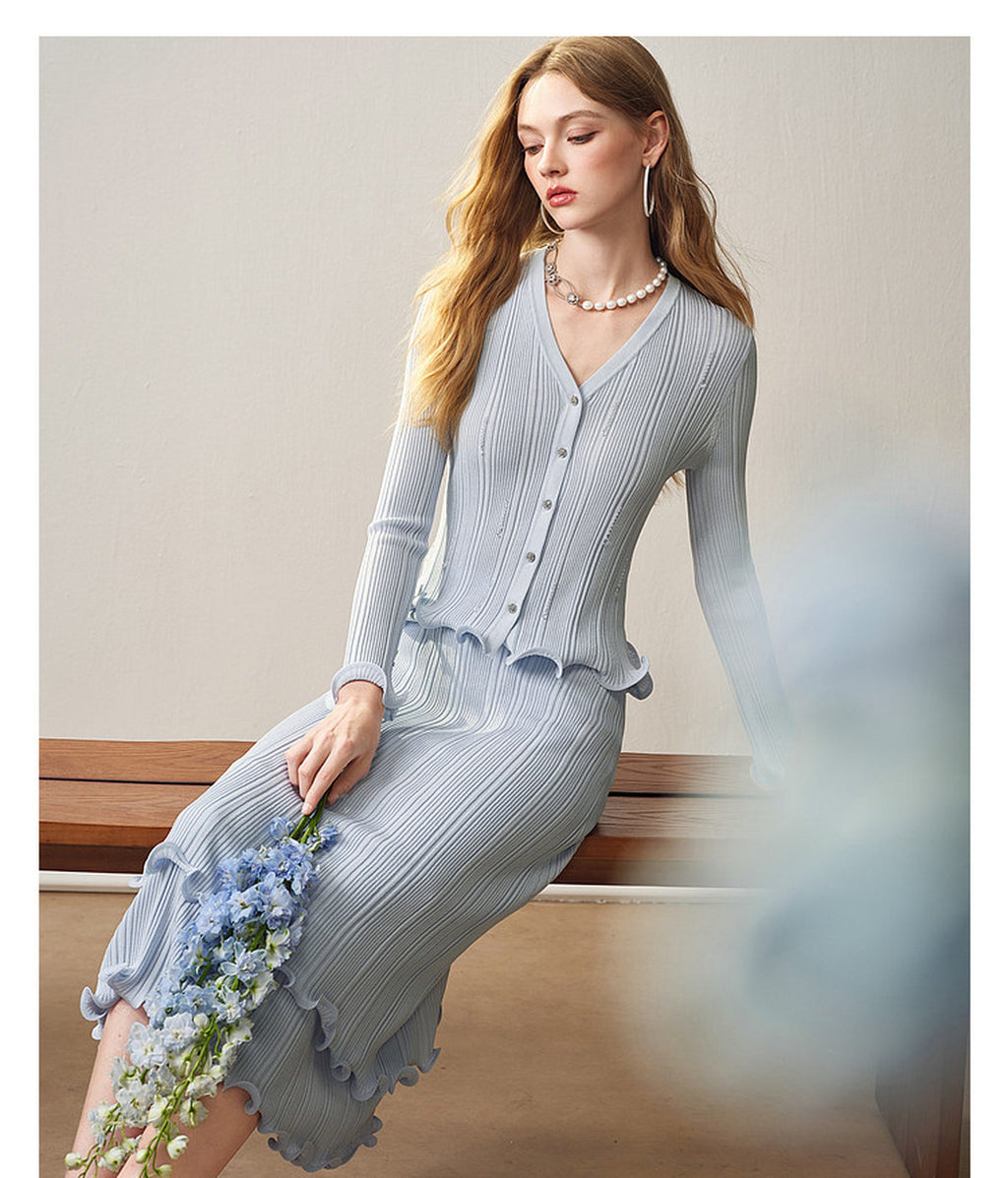 Sky Blue Ribbed Knit Ruffle Hem Skirt Co-Ord