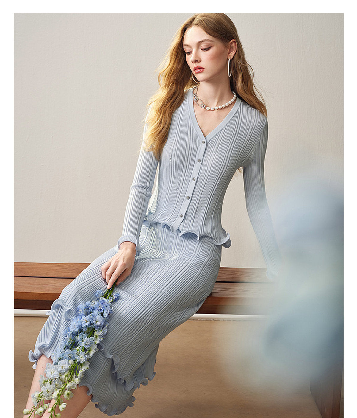 Sky Blue Ribbed Knit Ruffle Hem Skirt Co-Ord