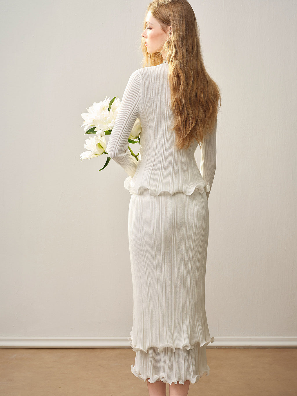 Cream White Ribbed Knit Ruffle Hem Skirt Co-Ord