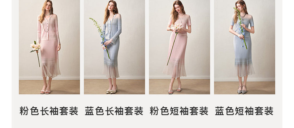 Delphinium Long-sleeve Button-Front Gradient Mesh Knit Mermaid Co-ord