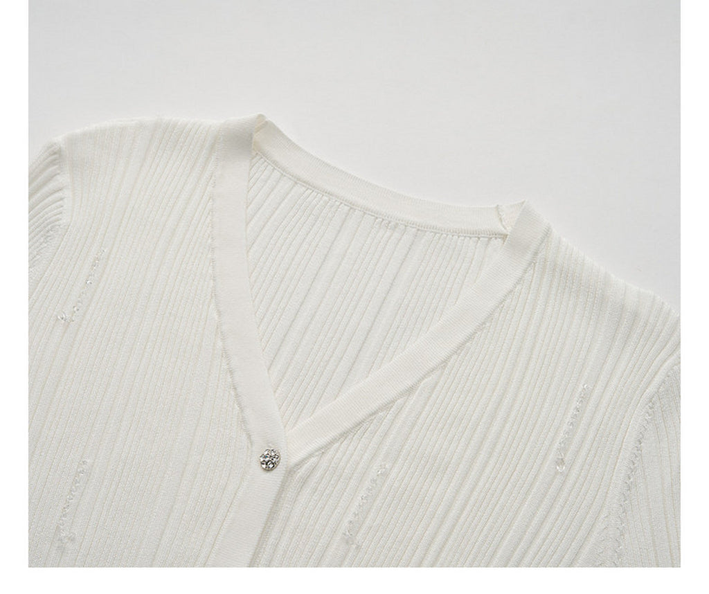 Cream White Ribbed Knit Ruffle Hem Skirt Co-Ord