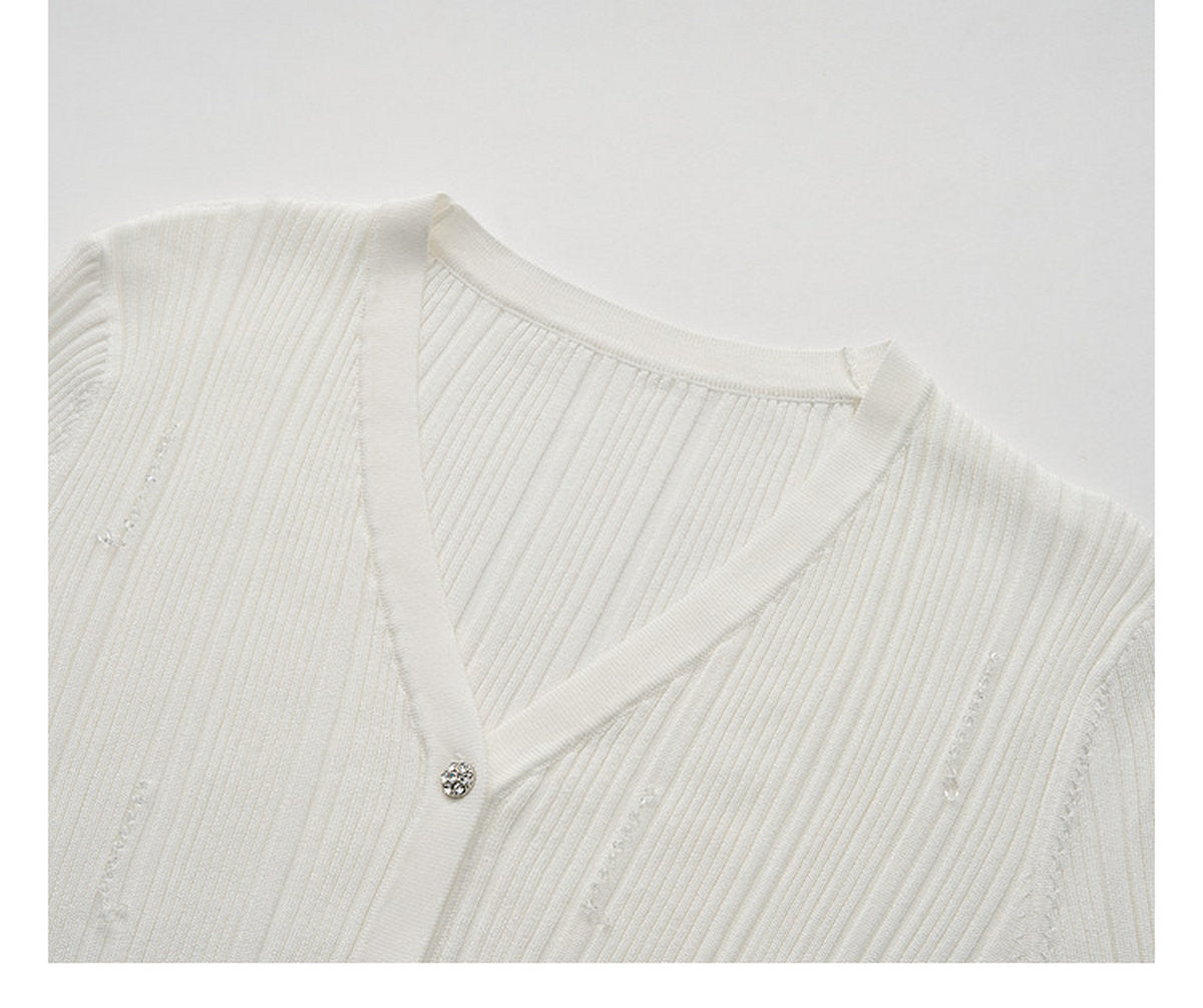 Cream White Ribbed Knit Ruffle Hem Skirt Co-Ord