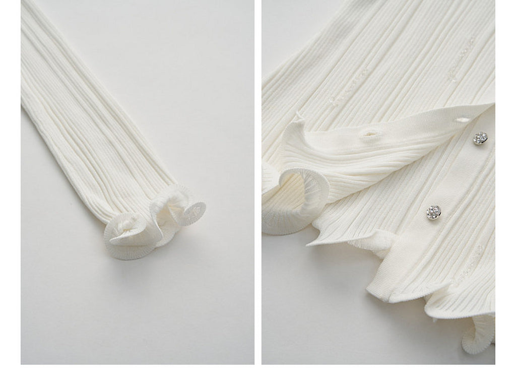 Cream White Ribbed Knit Ruffle Hem Skirt Co-Ord
