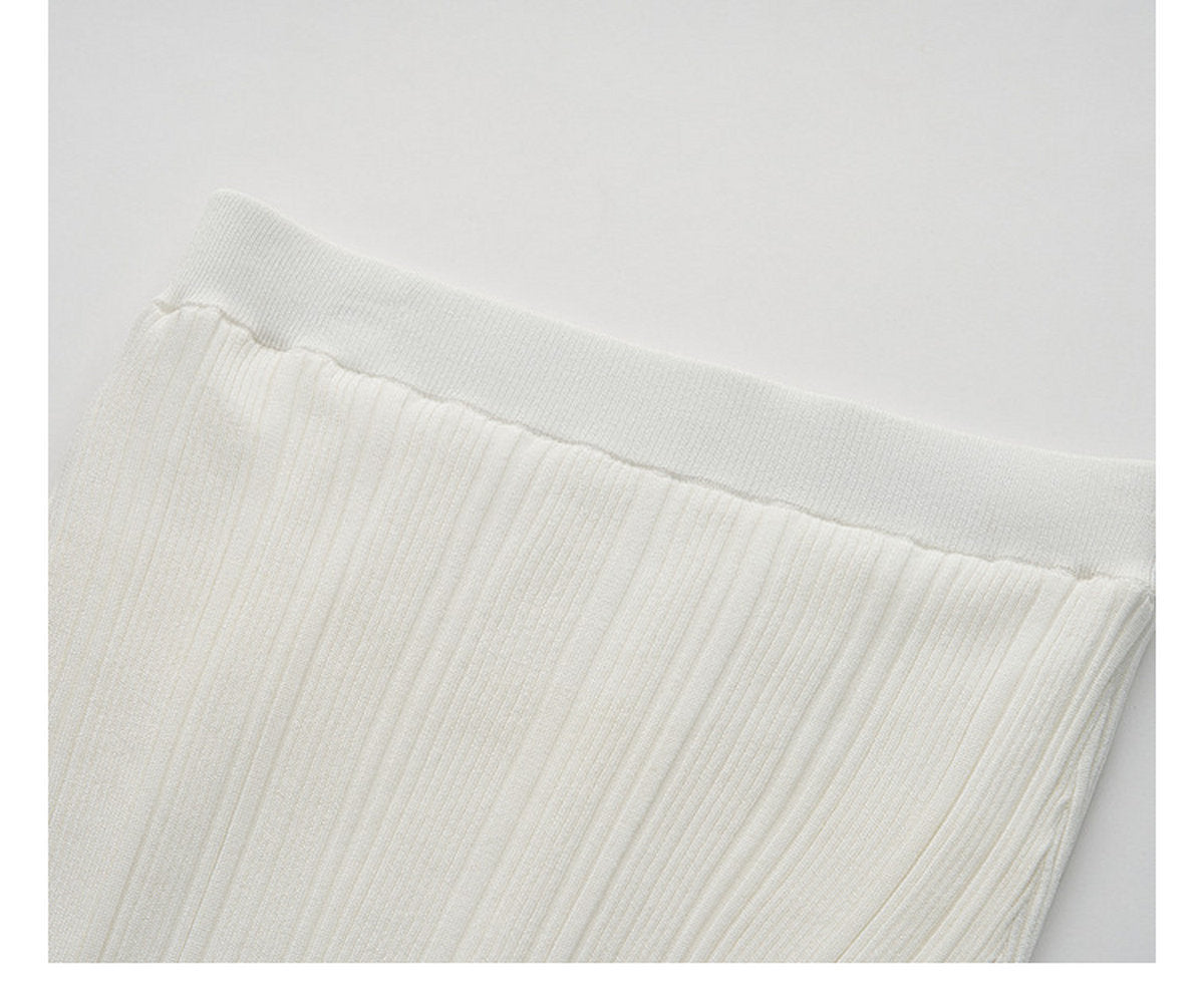Cream White Ribbed Knit Ruffle Hem Skirt Co-Ord