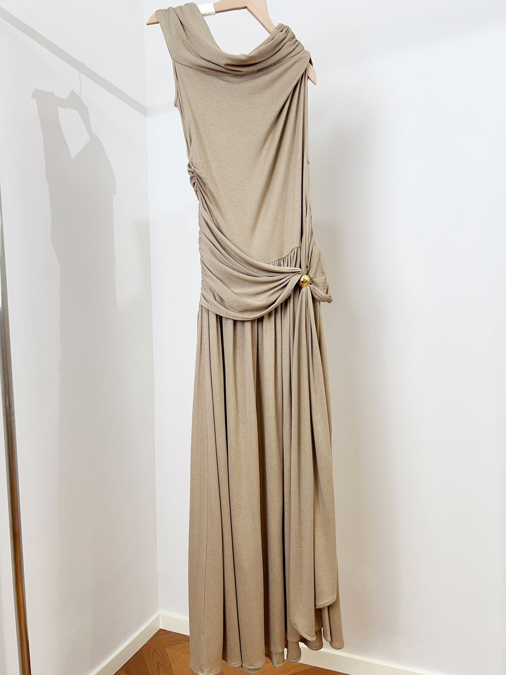Vintage One Shoulder Gold Beaded Satin Maxi Dress