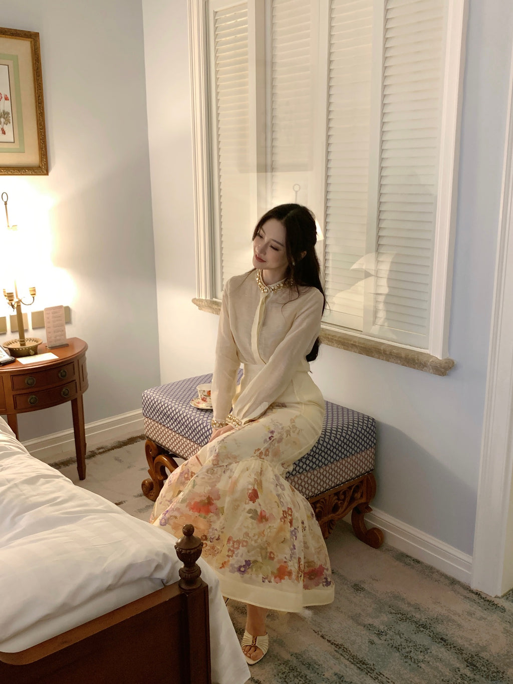 Monet's Garden Vintage Floral Co‑ord, Long Sleeve Blouse & Mermaid Skirt Two‑Piece Outfit