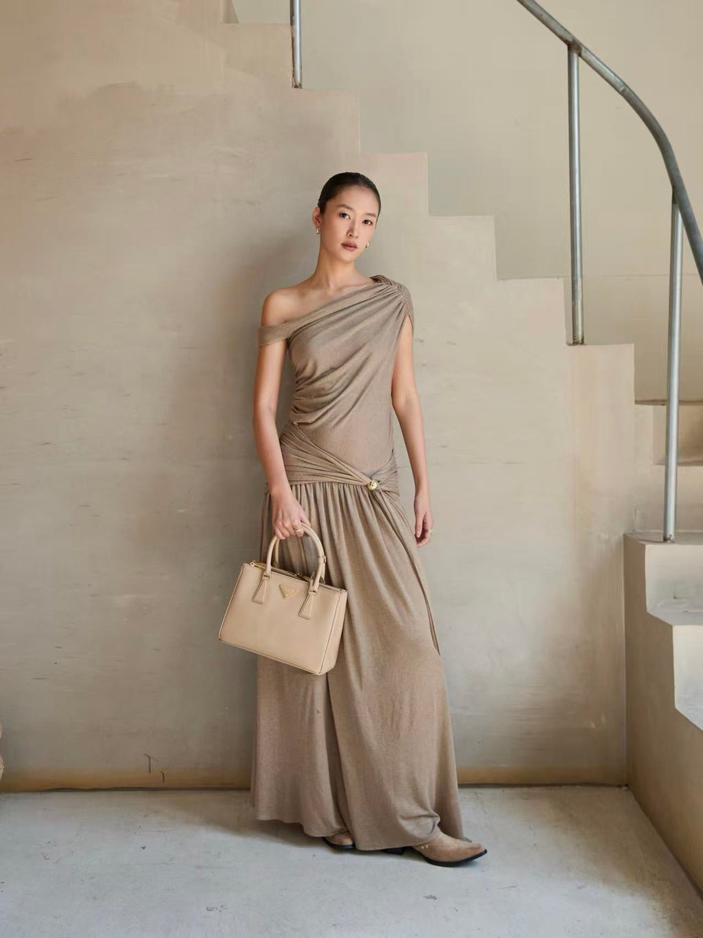 Vintage One Shoulder Gold Beaded Satin Maxi Dress