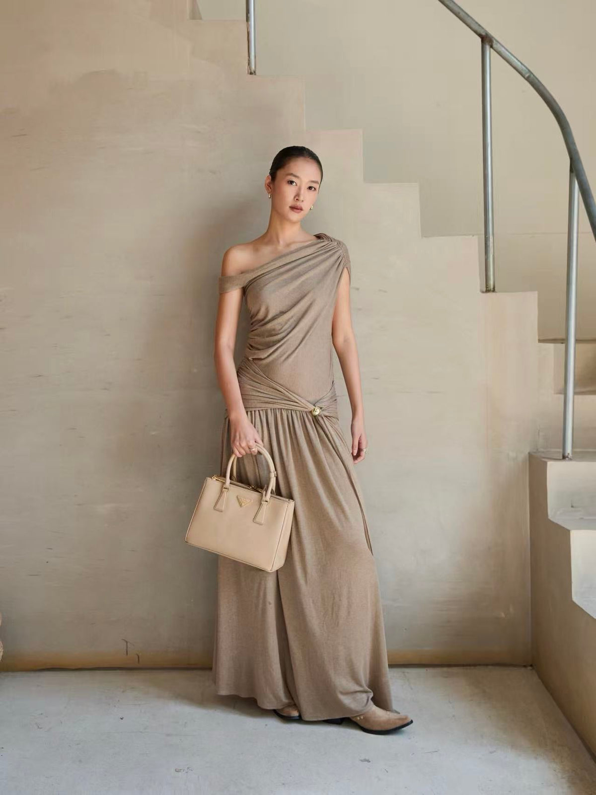 Vintage One Shoulder Gold Beaded Satin Maxi Dress
