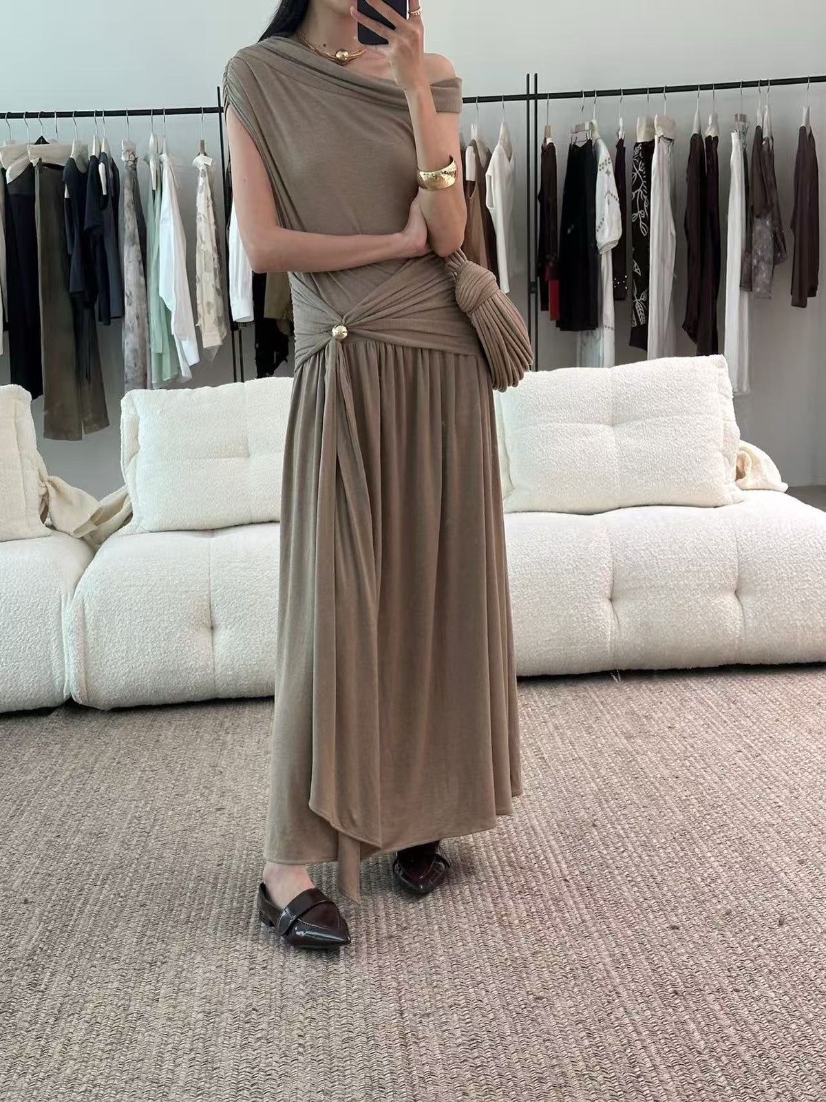 Vintage One Shoulder Gold Beaded Satin Maxi Dress