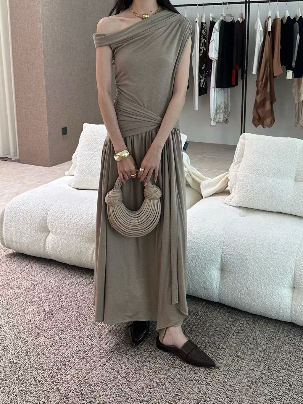 Vintage One Shoulder Gold Beaded Satin Maxi Dress