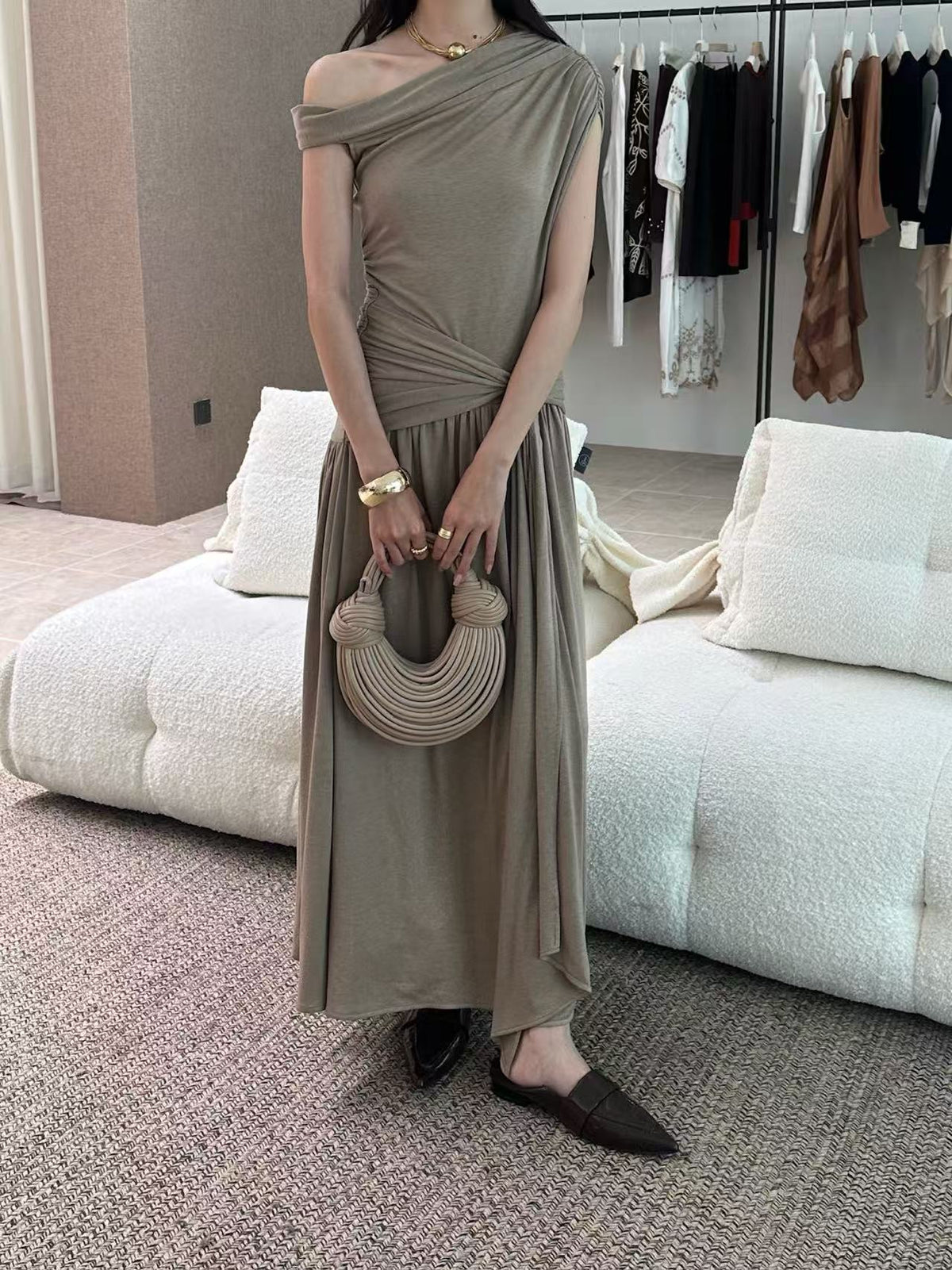 Vintage One Shoulder Gold Beaded Satin Maxi Dress