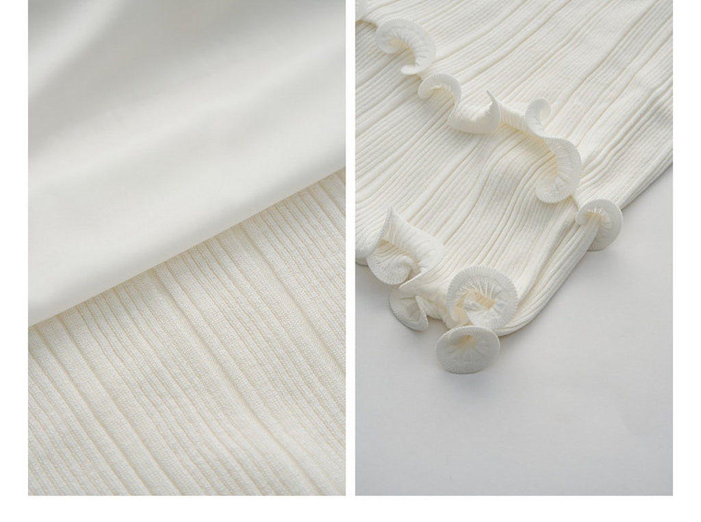 Cream White Ribbed Knit Ruffle Hem Skirt Co-Ord