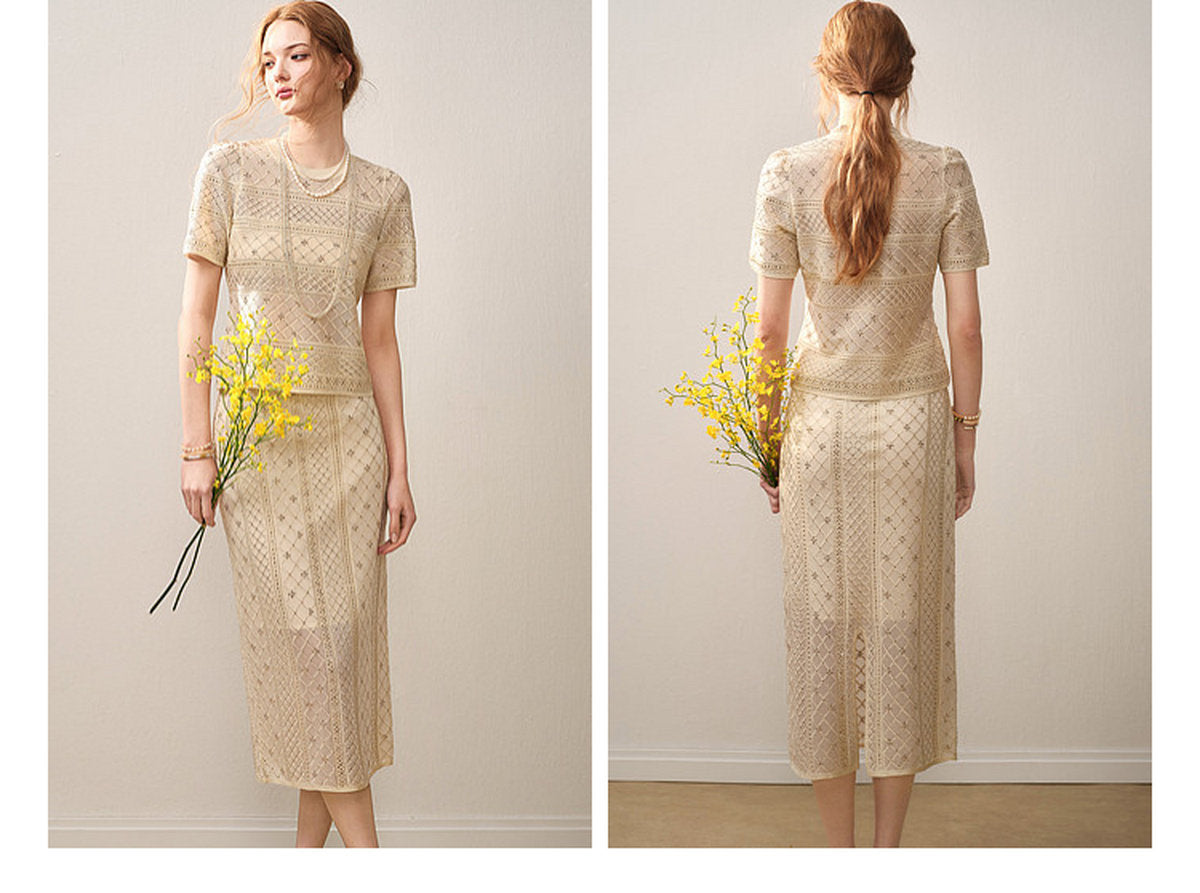 Beige Diamond Crochet Knit Co-Ord