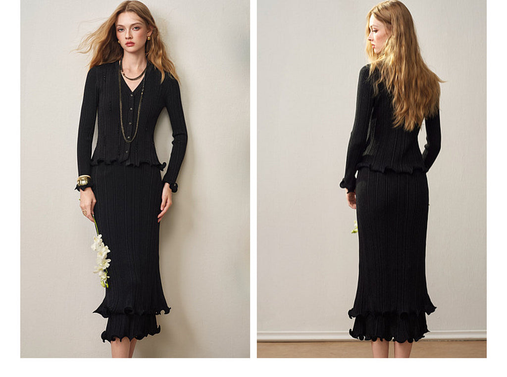 Black Ribbed Knit Ruffle Hem Skirt Co-Ord
