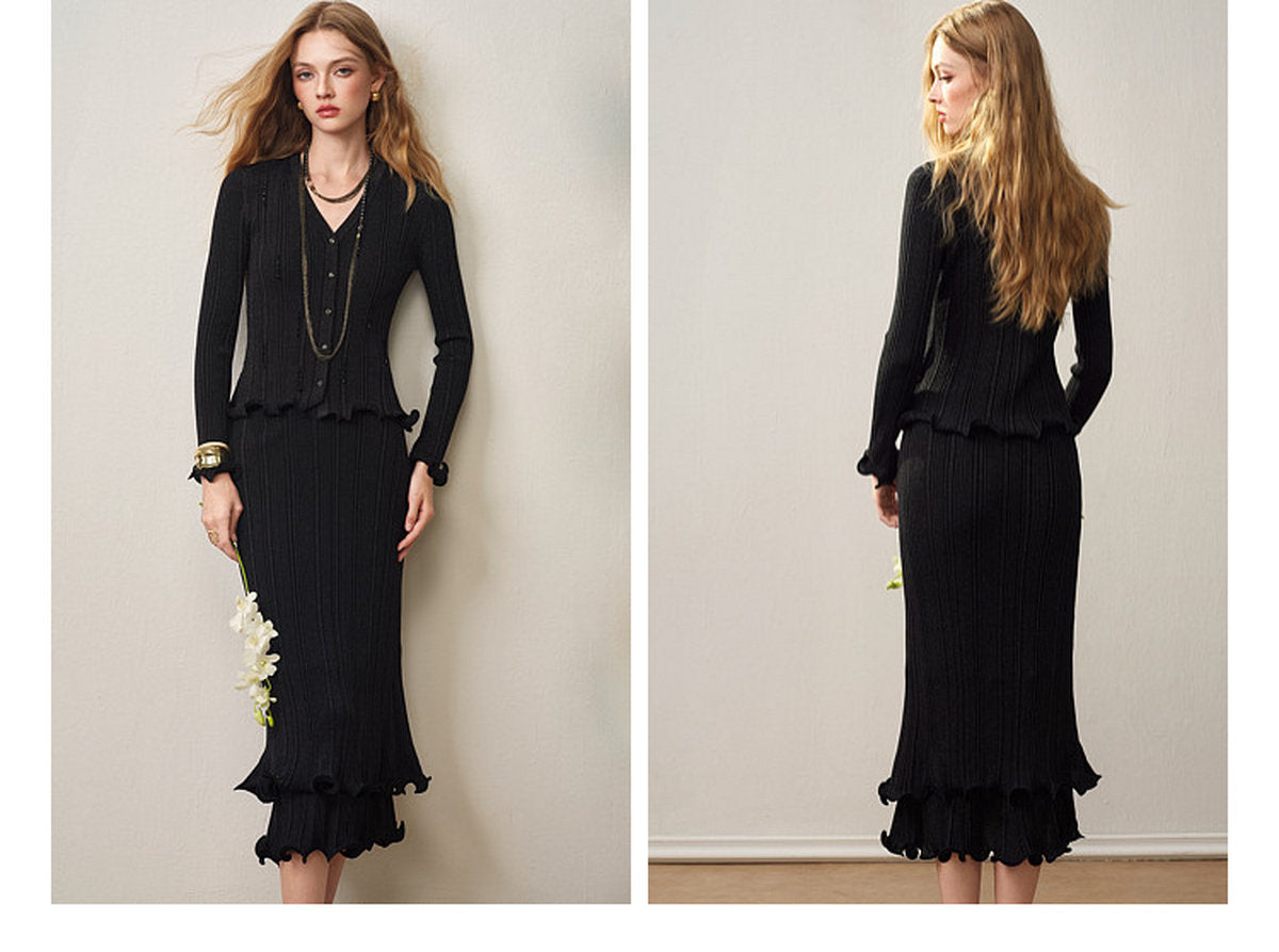 Black Ribbed Knit Ruffle Hem Skirt Co-Ord