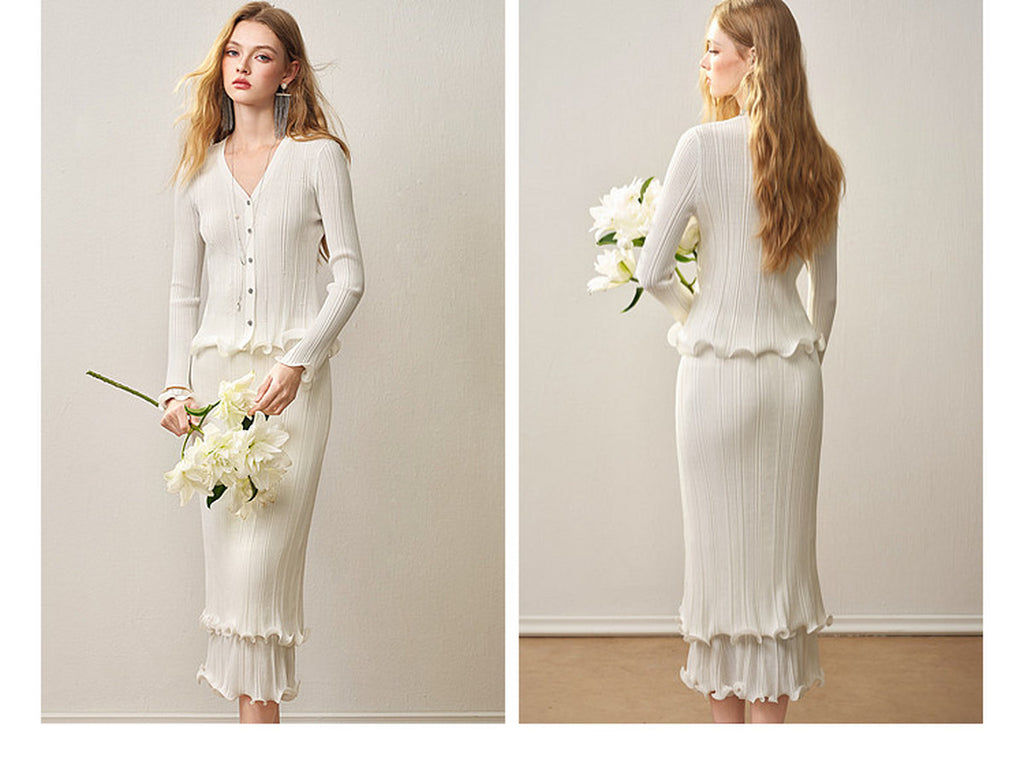 Cream White Ribbed Knit Ruffle Hem Skirt Co-Ord