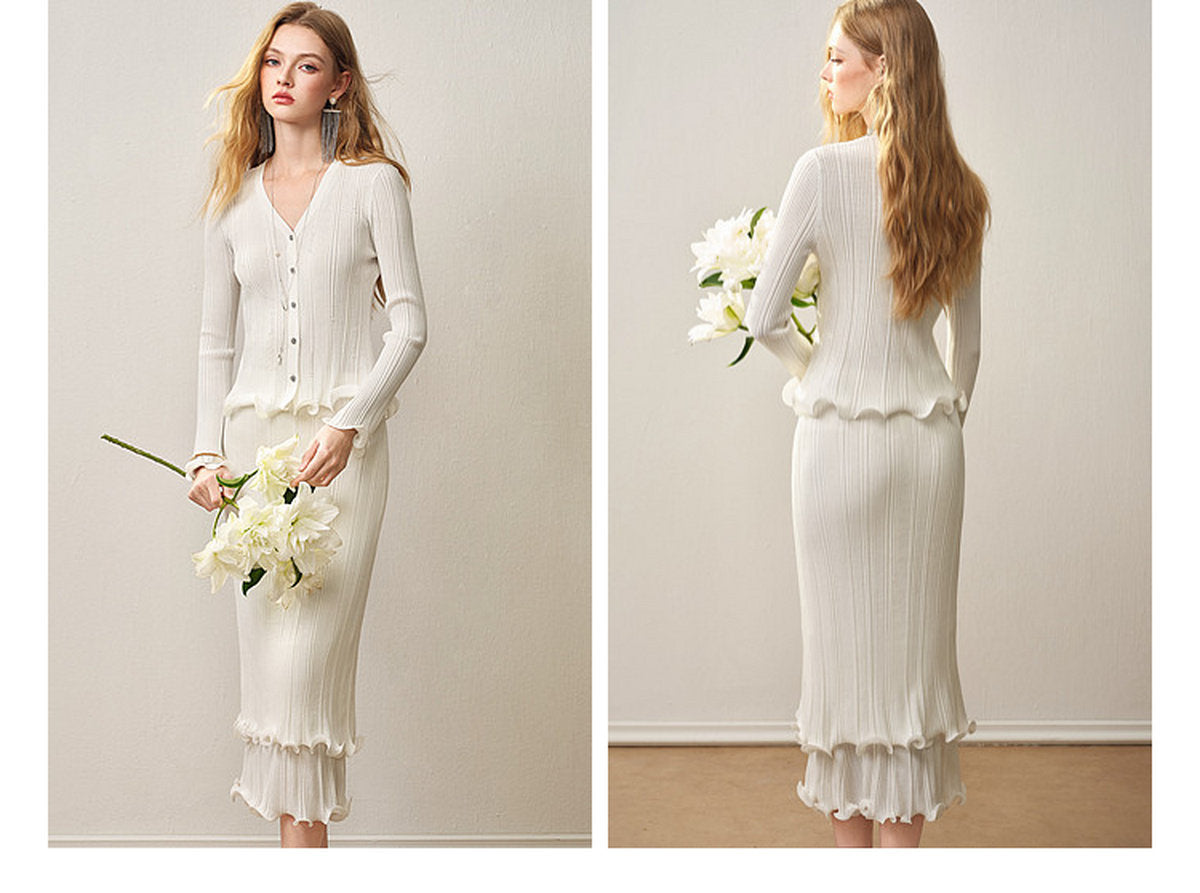 Cream White Ribbed Knit Ruffle Hem Skirt Co-Ord