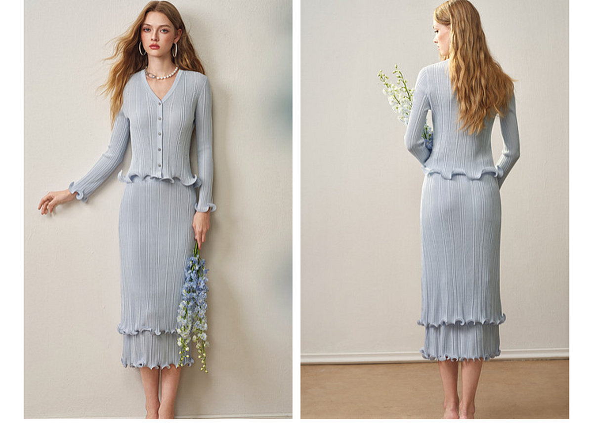 Sky Blue Ribbed Knit Ruffle Hem Skirt Co-Ord