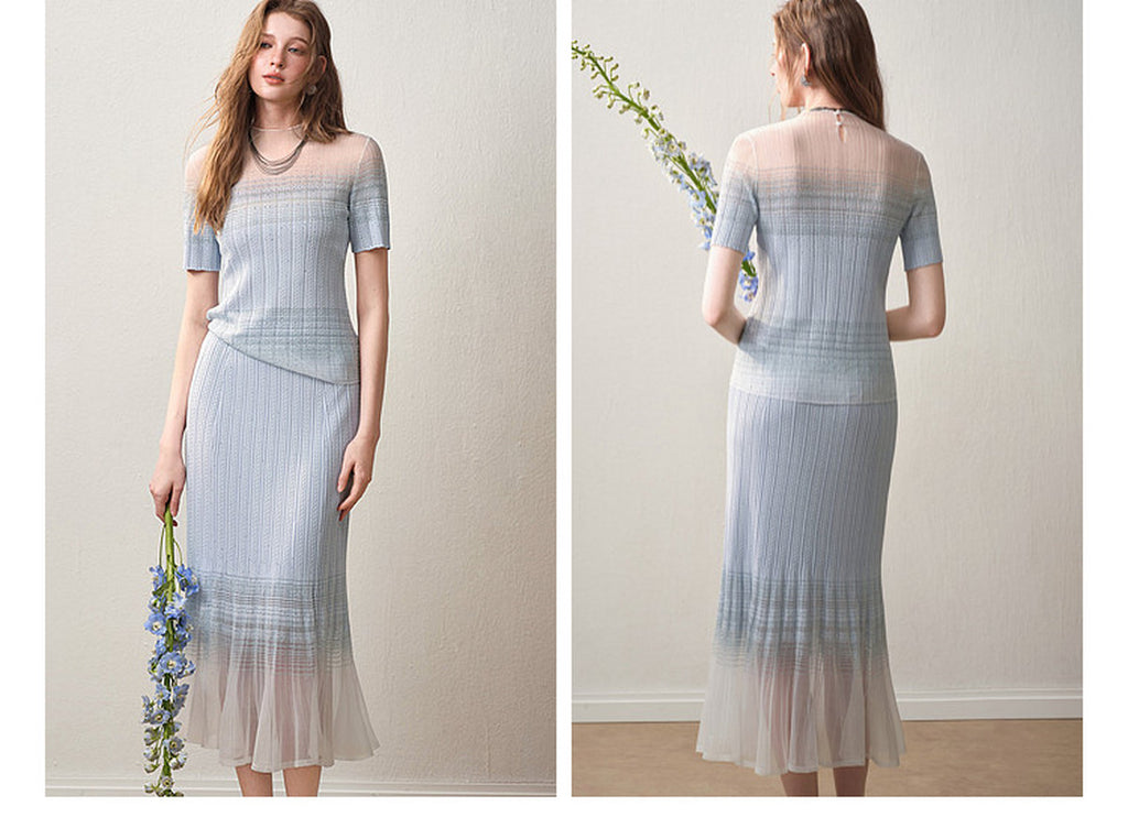 Delphinium Short-Sleeve Gradient Mesh Knit Mermaid Co-Ord