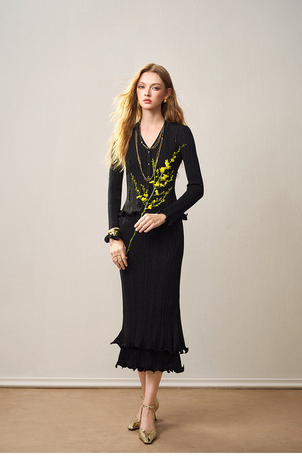 Black Ribbed Knit Ruffle Hem Skirt Co-Ord