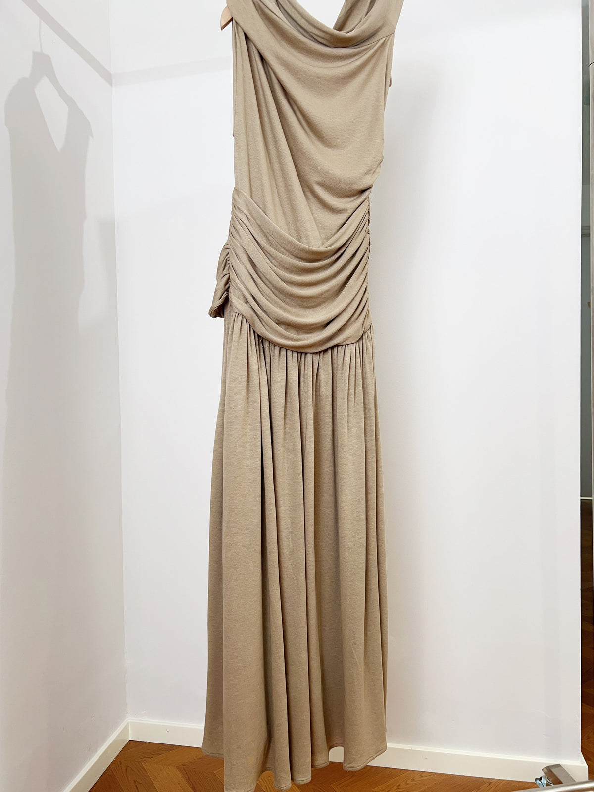 Vintage One Shoulder Gold Beaded Satin Maxi Dress
