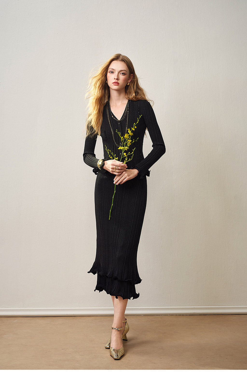 Black Ribbed Knit Ruffle Hem Skirt Co-Ord