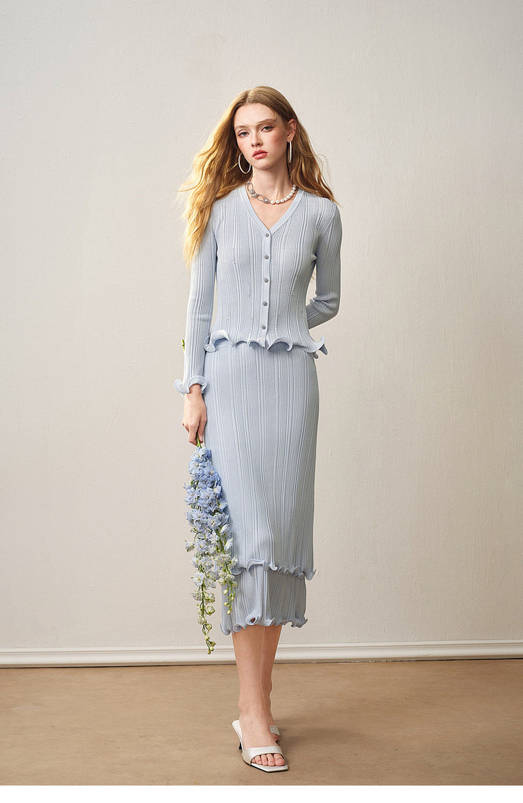 Sky Blue Ribbed Knit Ruffle Hem Skirt Co-Ord