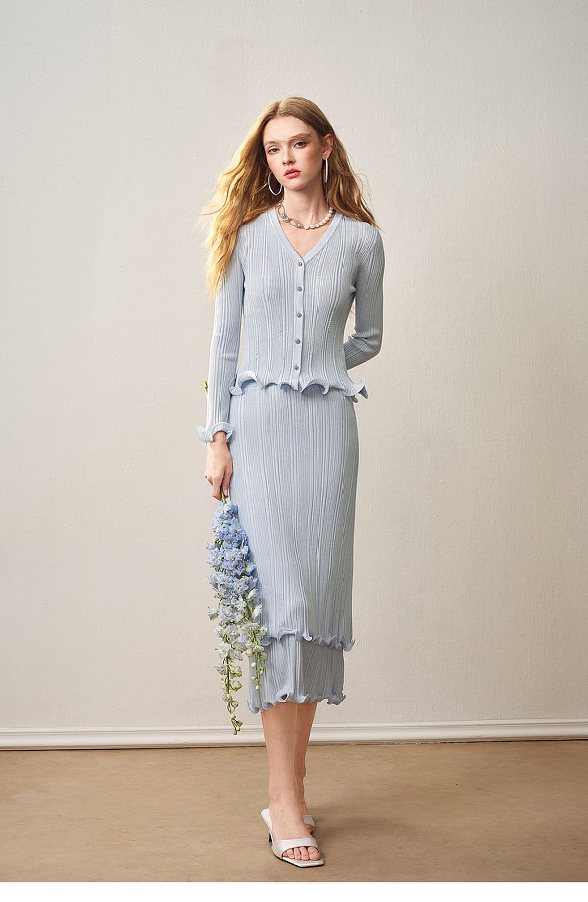 Sky Blue Ribbed Knit Ruffle Hem Skirt Co-Ord
