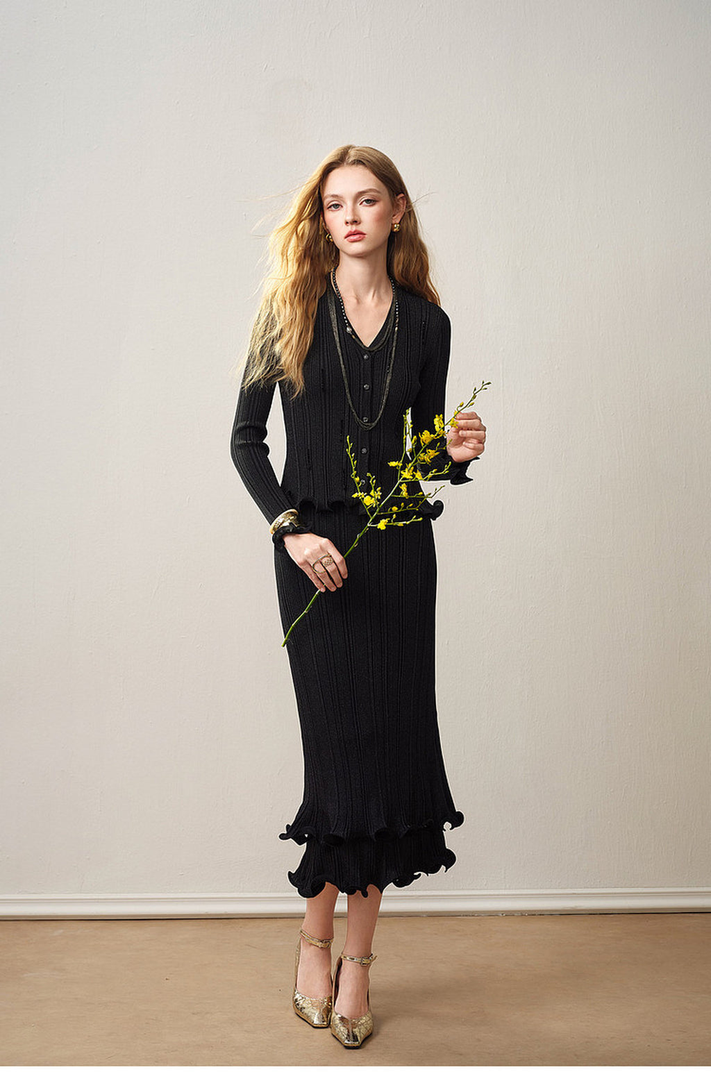 Black Ribbed Knit Ruffle Hem Skirt Co-Ord