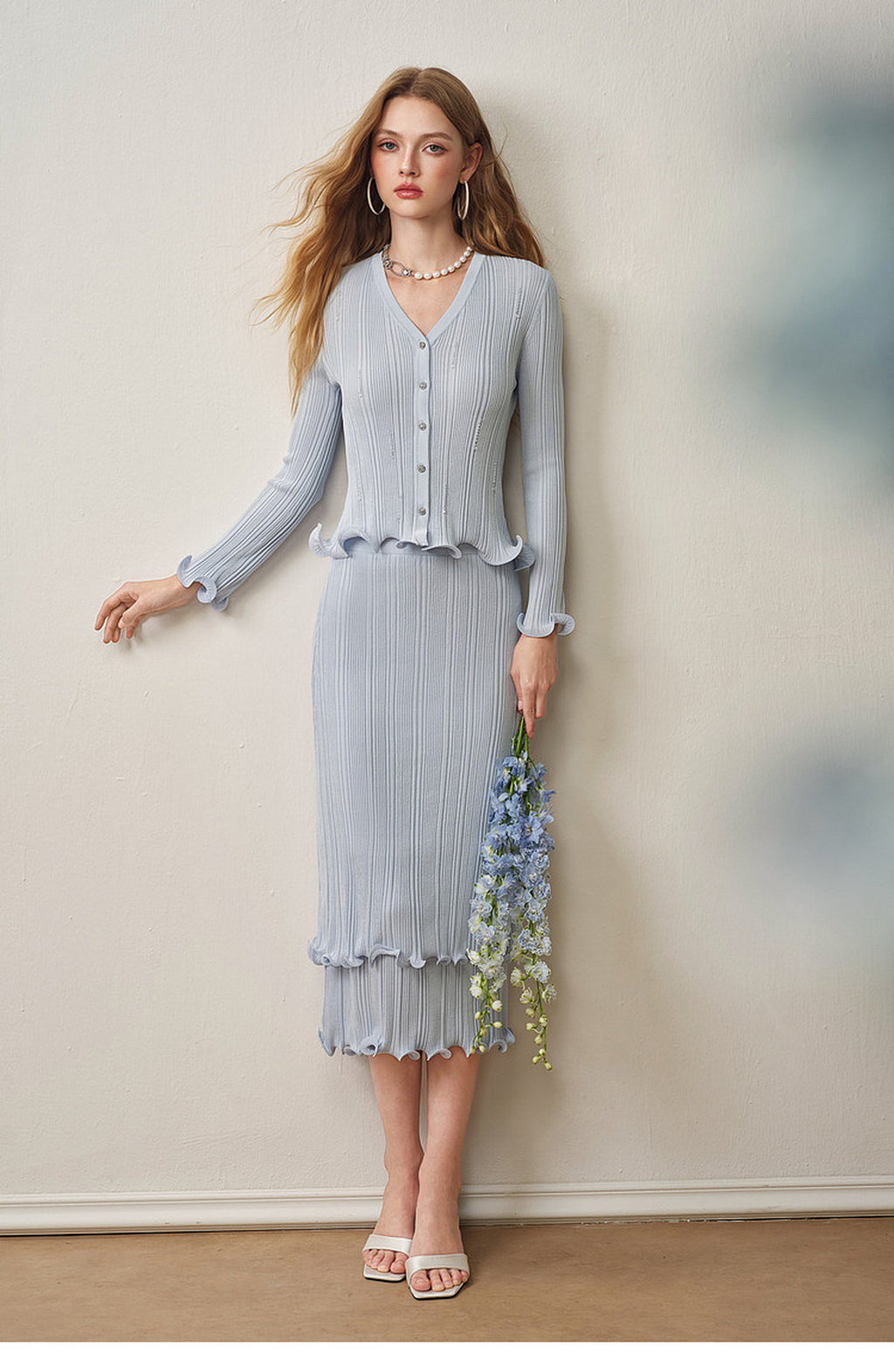 Sky Blue Ribbed Knit Ruffle Hem Skirt Co-Ord