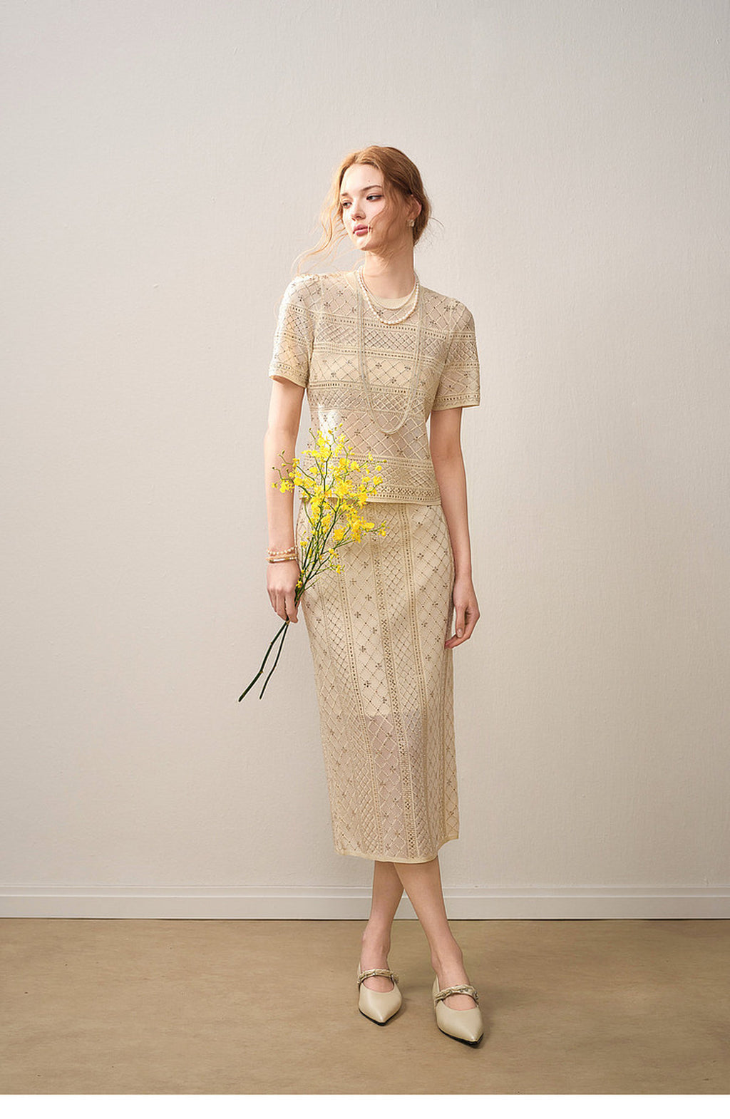 Beige Diamond Crochet Knit Co-Ord