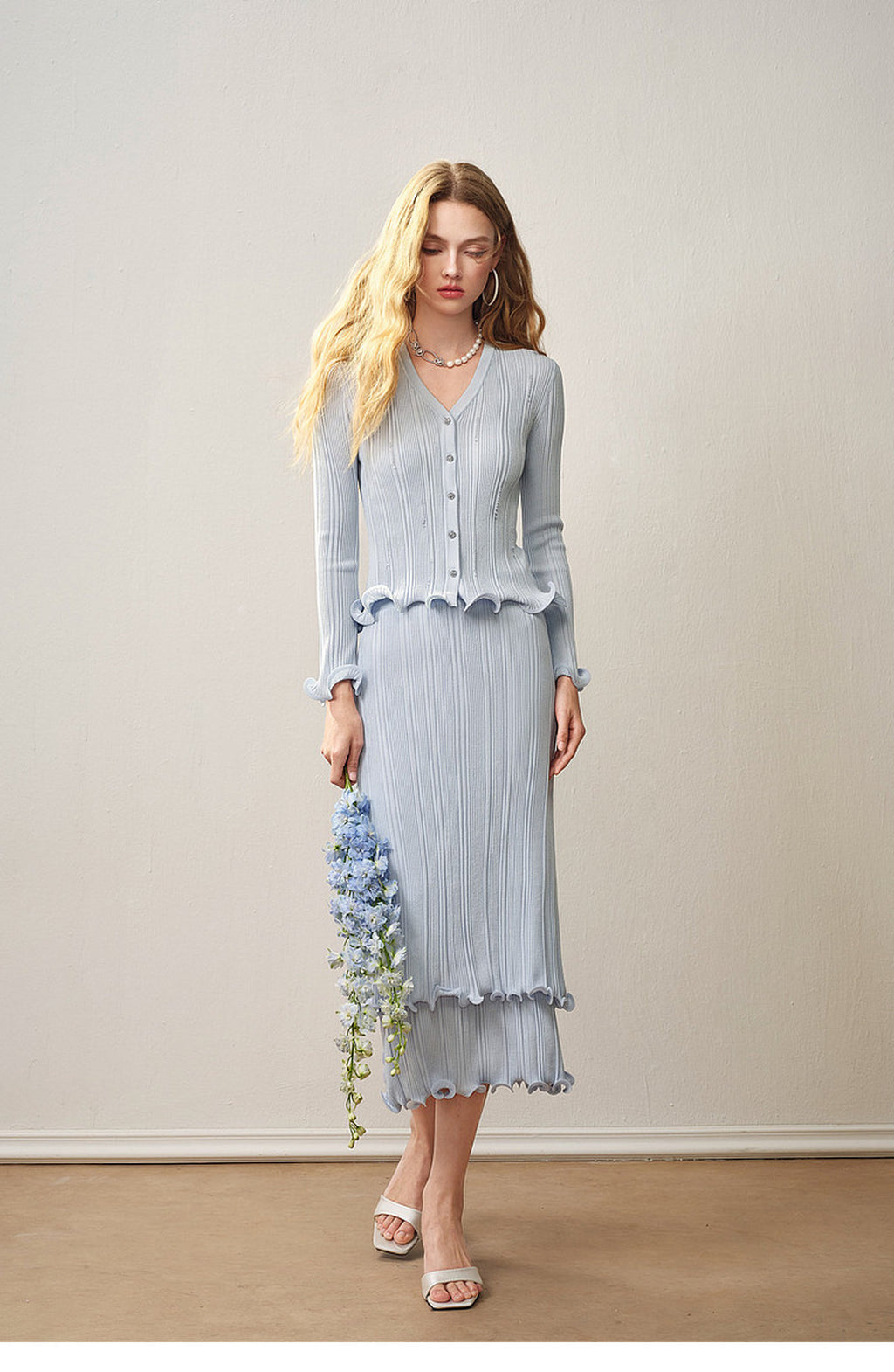 Sky Blue Ribbed Knit Ruffle Hem Skirt Co-Ord