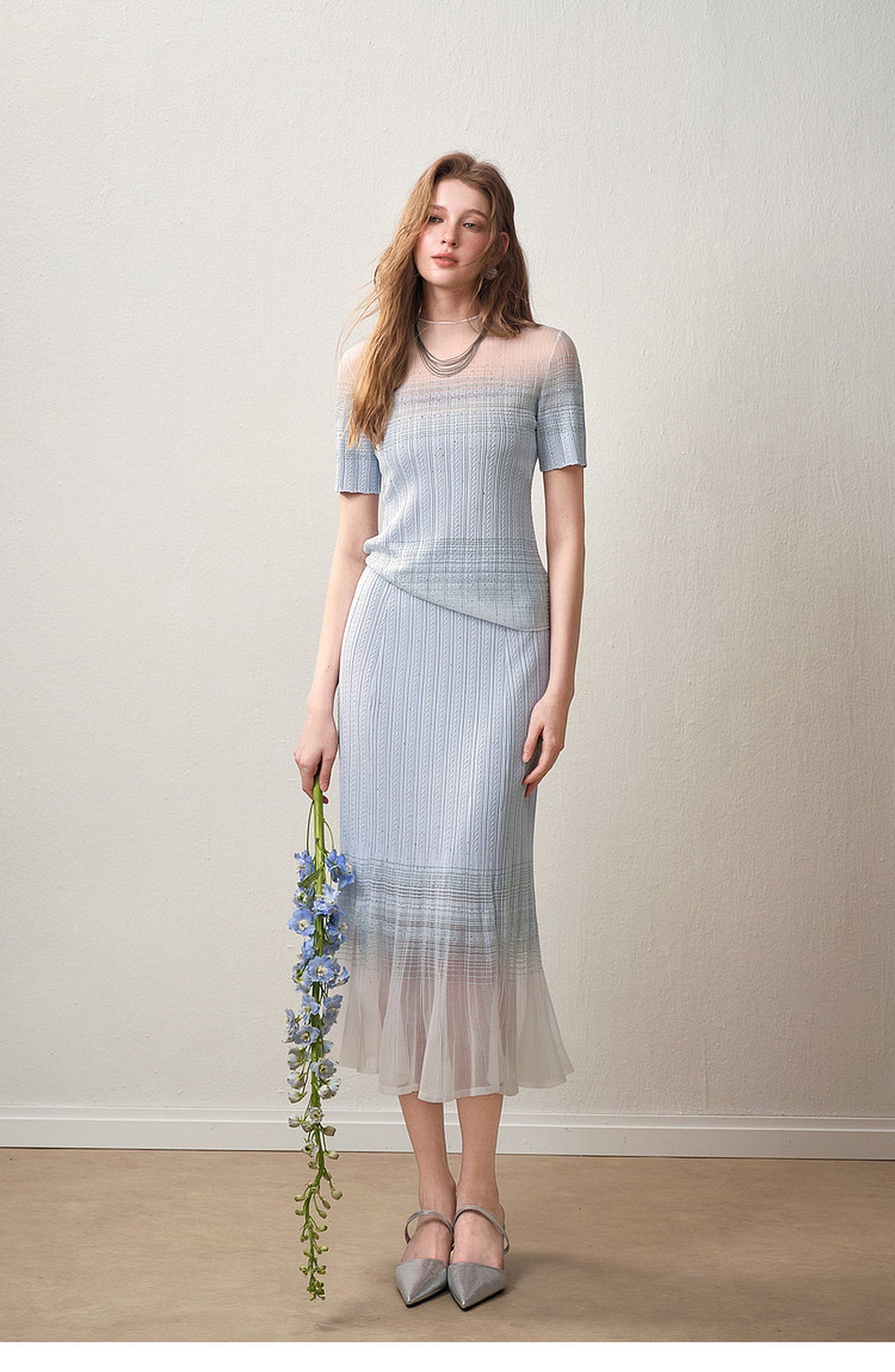 Delphinium Short-Sleeve Gradient Mesh Knit Mermaid Co-Ord