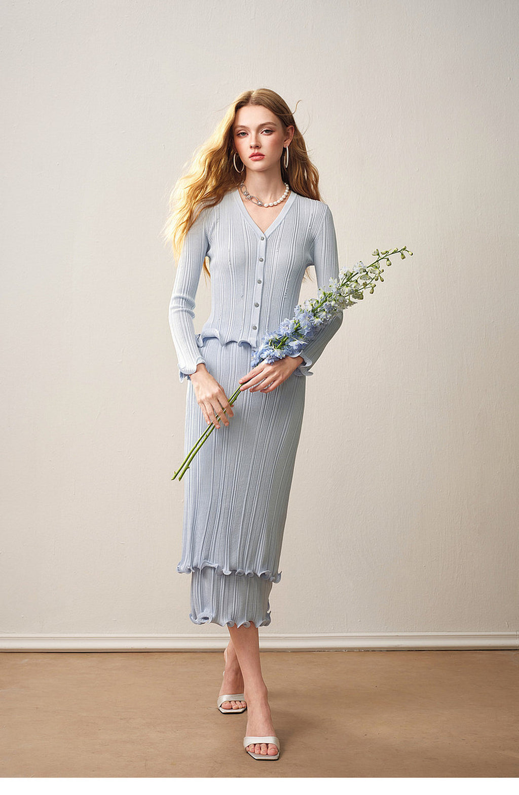 Sky Blue Ribbed Knit Ruffle Hem Skirt Co-Ord