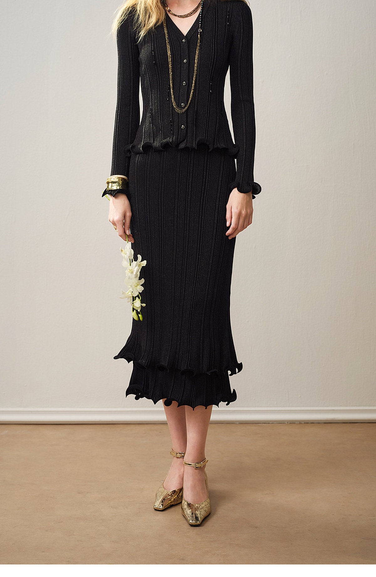 Black Ribbed Knit Ruffle Hem Skirt Co-Ord